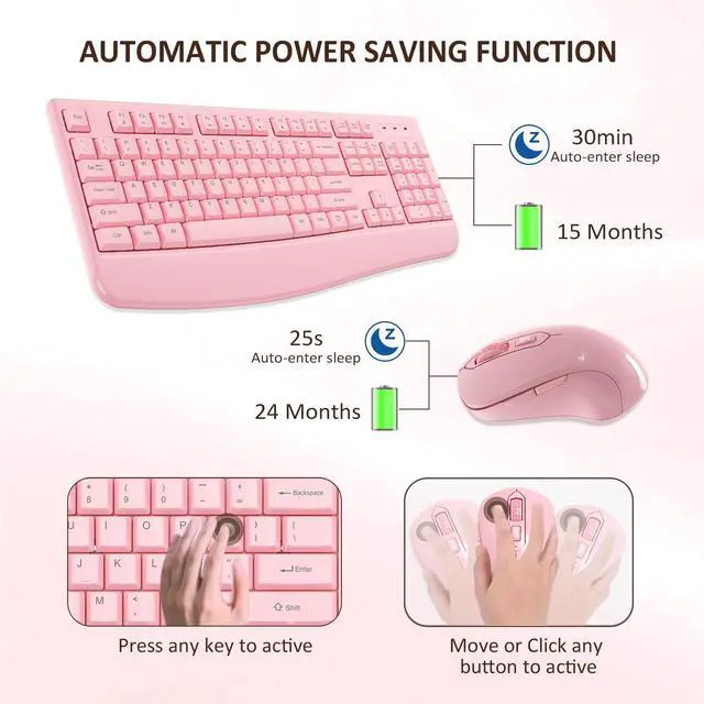 Alt view image 2 of 7 - Wireless Keyboard and Mouse Combo, EDJO 2.4G Full-Sized Ergonomic Computer Keyboard with Wrist Rest and 3 Level DPI Adjustable Wireless Mouse for Windows, Mac OS Desktop/Laptop/PC (Pink)