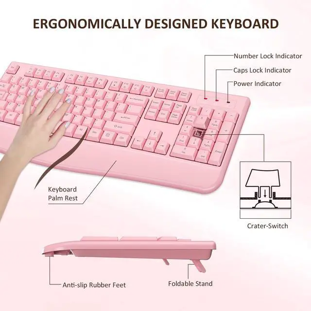 Alt view image 3 of 7 - Wireless Keyboard and Mouse Combo, EDJO 2.4G Full-Sized Ergonomic Computer Keyboard with Wrist Rest and 3 Level DPI Adjustable Wireless Mouse for Windows, Mac OS Desktop/Laptop/PC (Pink)