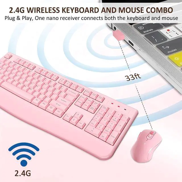 Alt view image 5 of 7 - Wireless Keyboard and Mouse Combo, EDJO 2.4G Full-Sized Ergonomic Computer Keyboard with Wrist Rest and 3 Level DPI Adjustable Wireless Mouse for Windows, Mac OS Desktop/Laptop/PC (Pink)