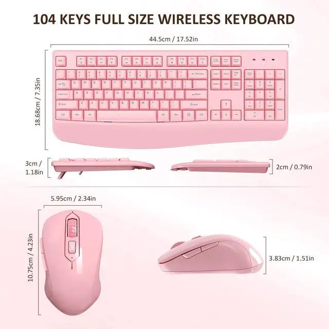 Alt view image 6 of 7 - Wireless Keyboard and Mouse Combo, EDJO 2.4G Full-Sized Ergonomic Computer Keyboard with Wrist Rest and 3 Level DPI Adjustable Wireless Mouse for Windows, Mac OS Desktop/Laptop/PC (Pink)