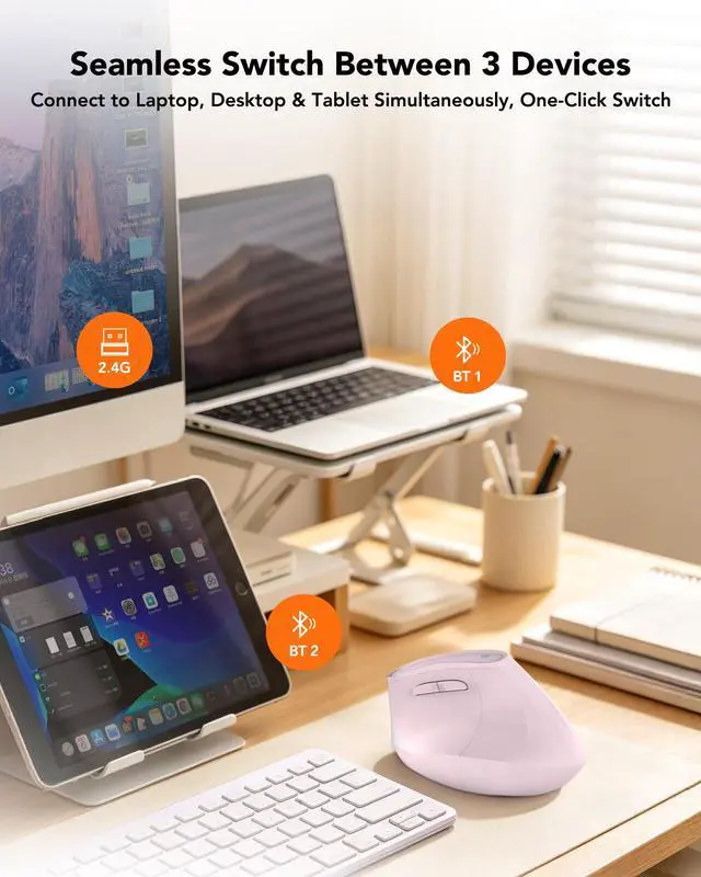 Alt view image 5 of 7 - Ergonomic Mouse Wireless, Bluetooth Vertical Mouse, 5-Level Adjustable DPI, 2.4G Silent Switch Mice for Windows, MacOS, IPadOS, Laptop, PC, Pink