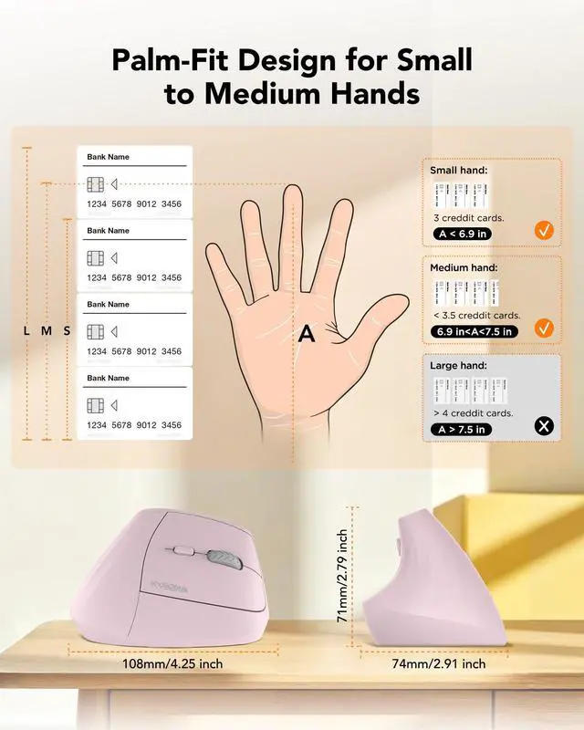 Alt view image 7 of 7 - Ergonomic Mouse Wireless, Bluetooth Vertical Mouse, 5-Level Adjustable DPI, 2.4G Silent Switch Mice for Windows, MacOS, IPadOS, Laptop, PC, Pink