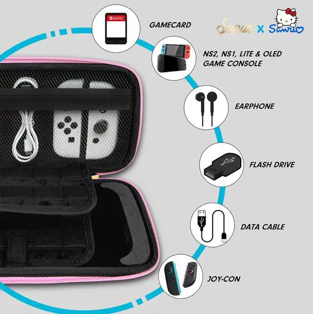 Alt view image 3 of 7 - x Sanrio Carrying Case for Nintendo Switch 2, Switch 1, Lite, OLED, Protective Travel Case with Game Cartridge Storage | Hello Kitty Pink Bows
