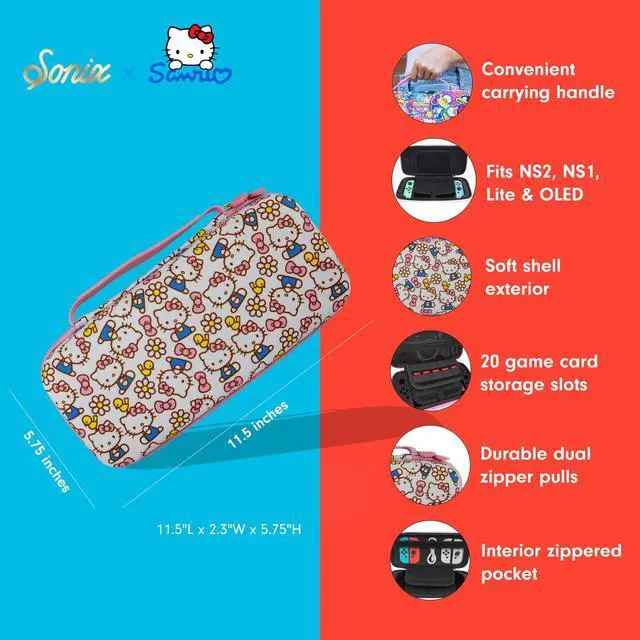 Alt view image 4 of 7 - x Sanrio Carrying Case for Nintendo Switch 2, Switch 1, Lite, OLED, Protective Travel Case with Game Cartridge Storage | Hello Kitty Pink Bows