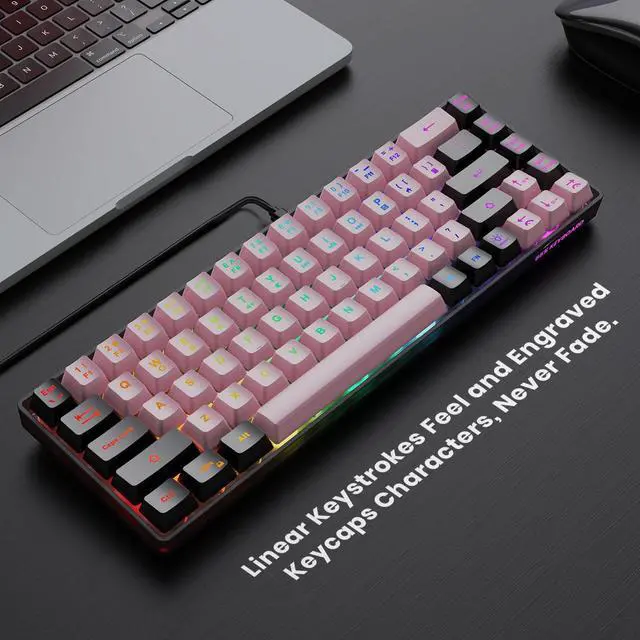 Alt view image 2 of 7 - 65% Wired Gaming Keyboard, LED Backlit, Ultra-Compact Anti-Ghosting No-Conflict 68 Keys Membrane Gaming Wired Keyboard for PC Laptop Windows Gamer(Pink-Black)