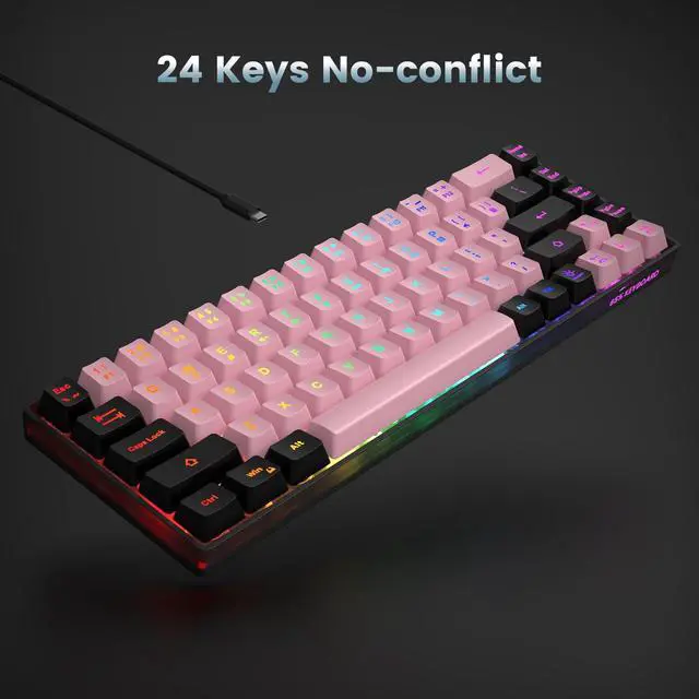 Alt view image 5 of 7 - 65% Wired Gaming Keyboard, LED Backlit, Ultra-Compact Anti-Ghosting No-Conflict 68 Keys Membrane Gaming Wired Keyboard for PC Laptop Windows Gamer(Pink-Black)