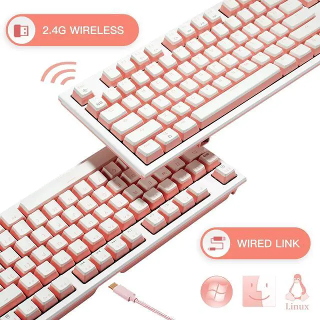Alt view image 4 of 7 - X5 Wireless Mechanical Keyboard, Dual-Mode 2.4G/USB-C Ergonomic Full Size 108 Keys Keyboard, Kailh Box 3.0 Linear Switch, N-Key Rollover, Backlit Gaming Keyboards with Wrist Rest (Pink)