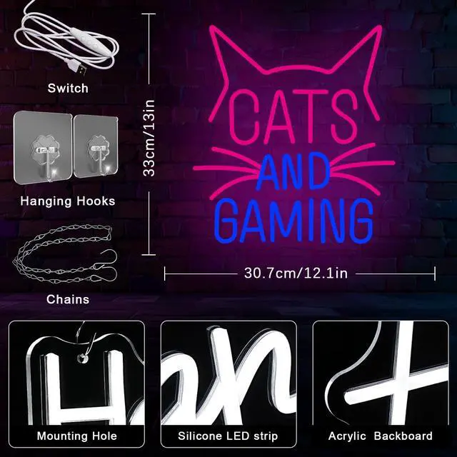 Alt view image 2 of 7 - Cats Gaming Neon Sign Gamer Neon Light Sign Cat LED Light Sign Pink Blue Gaming Cat Neon Sign for Gaming Video Room Gamer Decor Gamer Teen Birthday