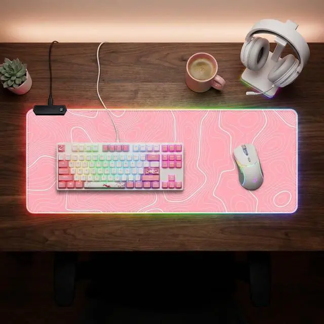 Alt view image 2 of 6 - Pink RGB Mouse Pad LED Desk Mat Large Gaming Mousepad Pink and White Line Design, Keyboard Pad XL Mouse Mat for Home and Office