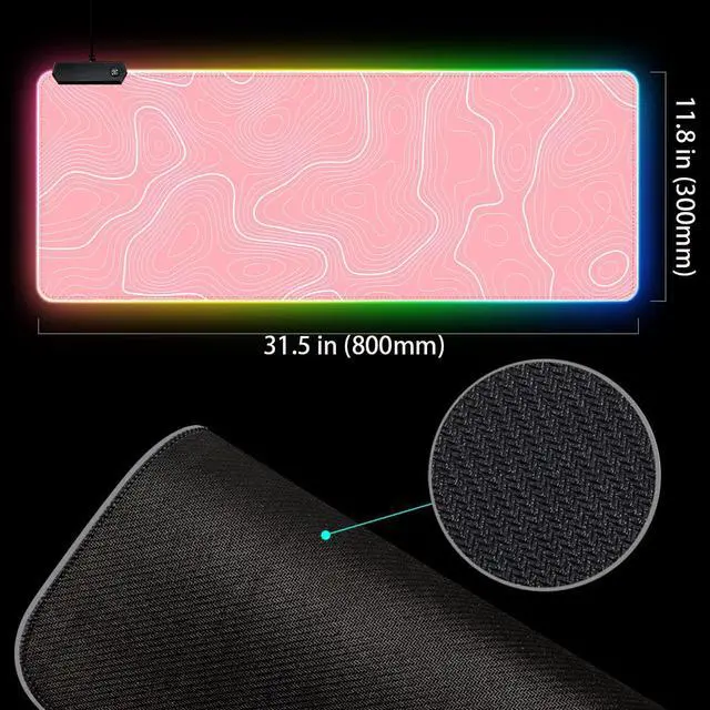 Alt view image 3 of 6 - Pink RGB Mouse Pad LED Desk Mat Large Gaming Mousepad Pink and White Line Design, Keyboard Pad XL Mouse Mat for Home and Office