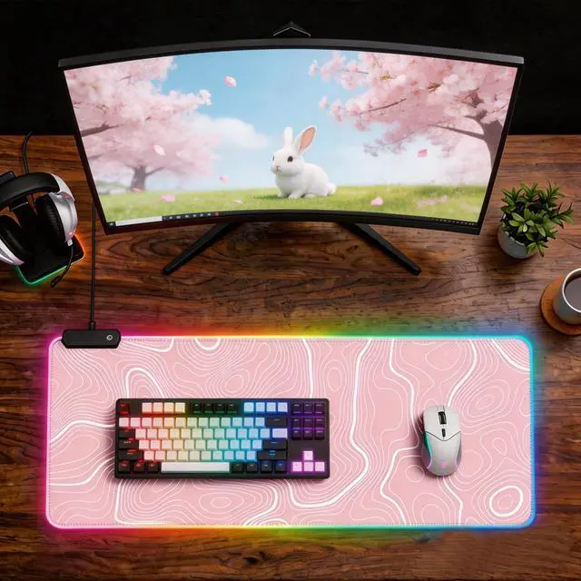 Alt view image 6 of 6 - Pink RGB Mouse Pad LED Desk Mat Large Gaming Mousepad Pink and White Line Design, Keyboard Pad XL Mouse Mat for Home and Office