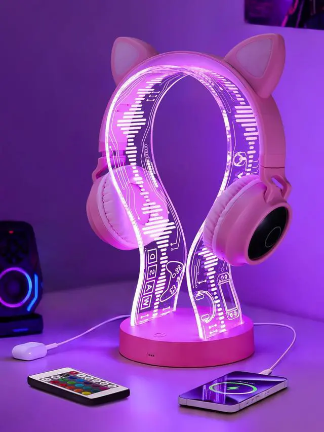 Main image of Light Up Headphone Stand with 16 Color Lights, Game Pattern Acrylic Headset Stand with 1 USB and 1 Type-C Charging Ports, Gifts for Girls Women Gamers and Music Lovers