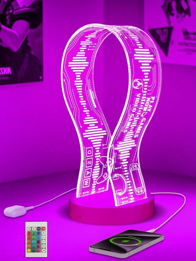Alt view image 2 of 7 - Light Up Headphone Stand with 16 Color Lights, Game Pattern Acrylic Headset Stand with 1 USB and 1 Type-C Charging Ports, Gifts for Girls Women Gamers and Music Lovers