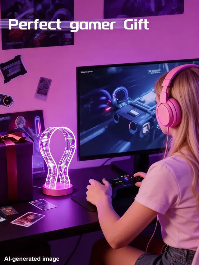 Alt view image 3 of 7 - Light Up Headphone Stand with 16 Color Lights, Game Pattern Acrylic Headset Stand with 1 USB and 1 Type-C Charging Ports, Gifts for Girls Women Gamers and Music Lovers