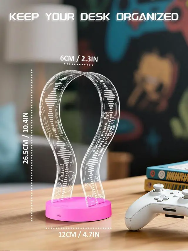 Alt view image 5 of 7 - Light Up Headphone Stand with 16 Color Lights, Game Pattern Acrylic Headset Stand with 1 USB and 1 Type-C Charging Ports, Gifts for Girls Women Gamers and Music Lovers