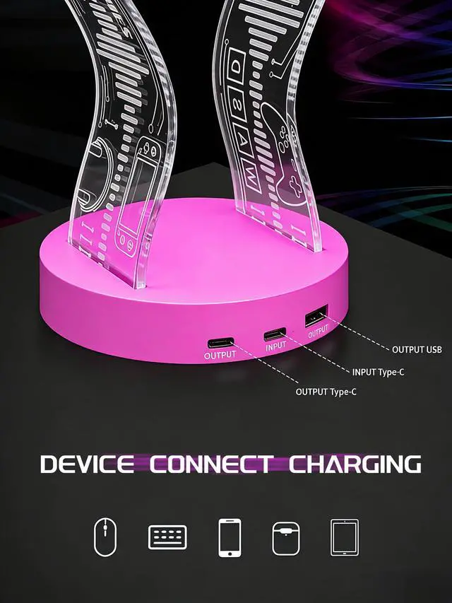 Alt view image 7 of 7 - Light Up Headphone Stand with 16 Color Lights, Game Pattern Acrylic Headset Stand with 1 USB and 1 Type-C Charging Ports, Gifts for Girls Women Gamers and Music Lovers