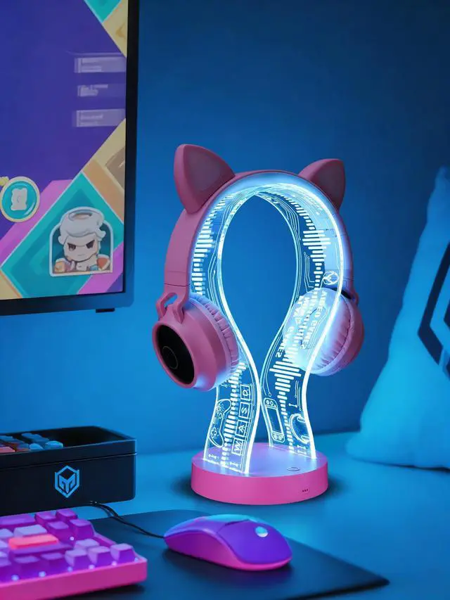 Alt view image 6 of 7 - Light Up Headphone Stand with 16 Color Lights, Game Pattern Acrylic Headset Stand with 1 USB and 1 Type-C Charging Ports, Gifts for Girls Women Gamers and Music Lovers