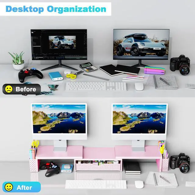 Alt view image 3 of 7 - Metal Desk Organizers and Accessories, Dual Monitor Stand Riser with Drawer and 2 Pen Holders, Desk Accessories & Workspace Desktop Organizers for Office Supplies (Pink)