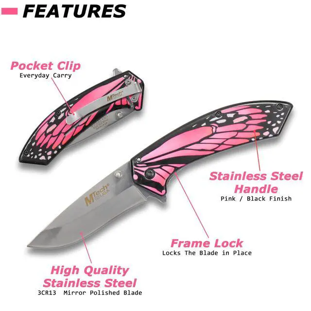 Alt view image 2 of 4 - Spring Assisted Folding Knife Mirror Polished Blade, Stainless Steel Handle w/Pink Butterfly Design, Pocket Clip, Hunting, Camping, Survival, Tactical, EDC MT-A1005PK
