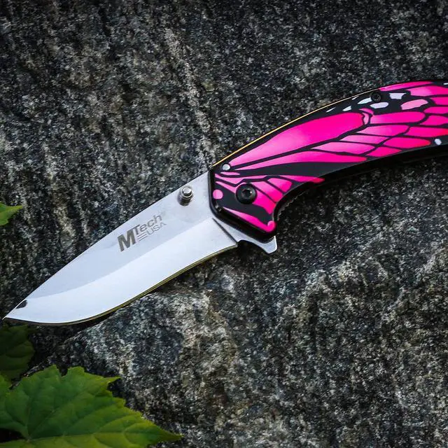Alt view image 4 of 4 - Spring Assisted Folding Knife Mirror Polished Blade, Stainless Steel Handle w/Pink Butterfly Design, Pocket Clip, Hunting, Camping, Survival, Tactical, EDC MT-A1005PK