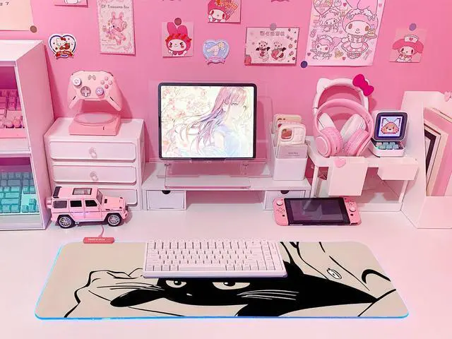 Alt view image 6 of 6 - Pink RGB Gaming Mouse Pad 31.5x12 Inch PC XL Large Extended Glowing Led Light Up Desk Pad Non-Slip Rubber Base Computer Cute Mousepad Mat Desk Accessories Gaming Setup 815