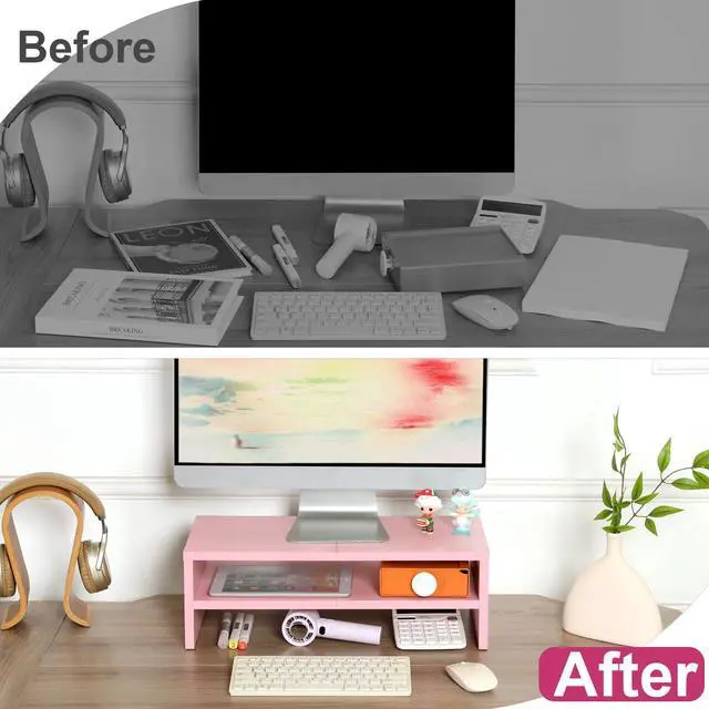 Alt view image 6 of 7 - DS502P TEAMIX 20 inch Pink Monitor Riser Stand - 2 Tiers, Wood Desktop Bookshelf