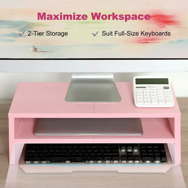 Alt view image 2 of 7 - DS502P TEAMIX 20 inch Pink Monitor Riser Stand - 2 Tiers, Wood Desktop Bookshelf