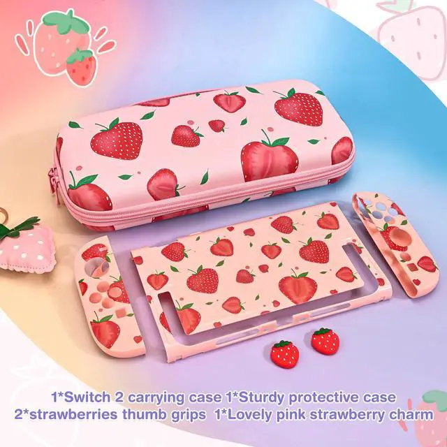 Alt view image 6 of 7 - Storage Carrying Case for Nintendo Switch 2 2025 Accessories Set, 10 Game Card Slots Cute Protective,1 Hard PC Case, 1PC Decorative Pendant, 2 Thumb Grips, Slim & Portable,Strawberry - Pink 2