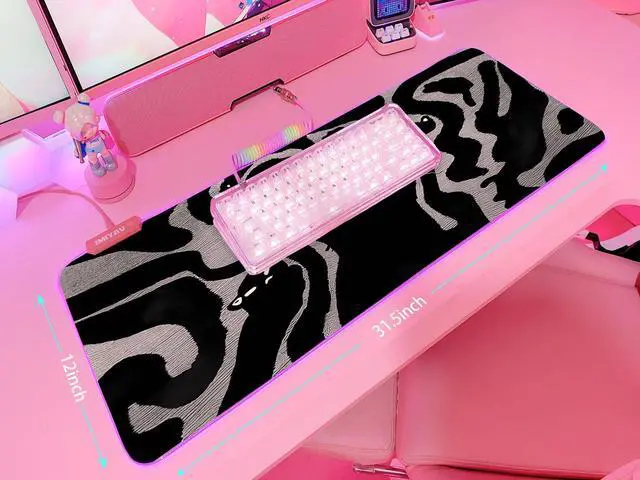 Alt view image 5 of 6 - Pink RGB Gaming Mouse Pad 31.5x12 Inch PC XL Large Extended Glowing Led Light Up Desk Pad Non-Slip Rubber Base Computer Cute Mousepad Mat Desk Accessories Gaming Setup Wavy Cat