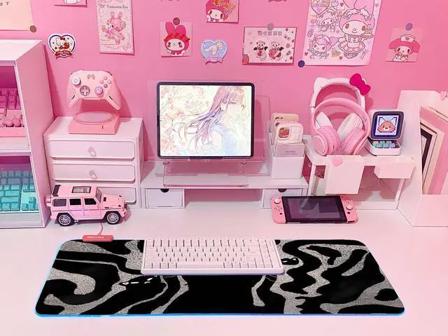 Alt view image 6 of 6 - Pink RGB Gaming Mouse Pad 31.5x12 Inch PC XL Large Extended Glowing Led Light Up Desk Pad Non-Slip Rubber Base Computer Cute Mousepad Mat Desk Accessories Gaming Setup Wavy Cat