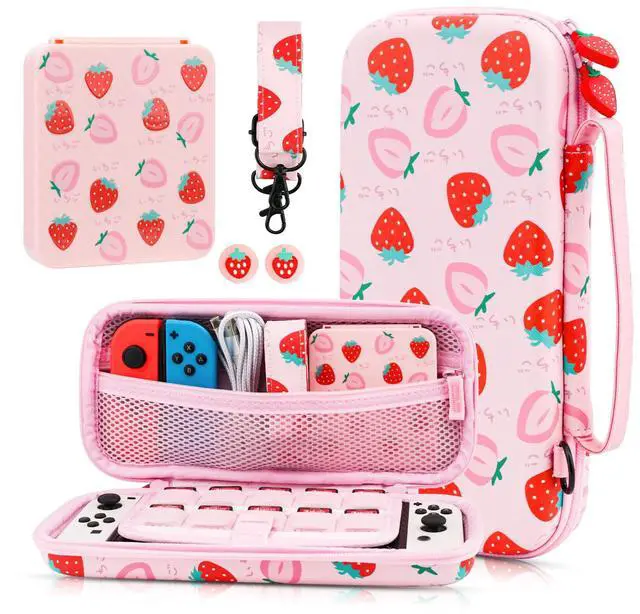 Main image of Pink Strawberry Carrying Case for Nintendo Switch & OLED Modle, Portable Switch Travel Protector with Cute Game Card Case, Shoulder Strap & 2 Thumb Caps, Switch Accessories Bundle for Girls