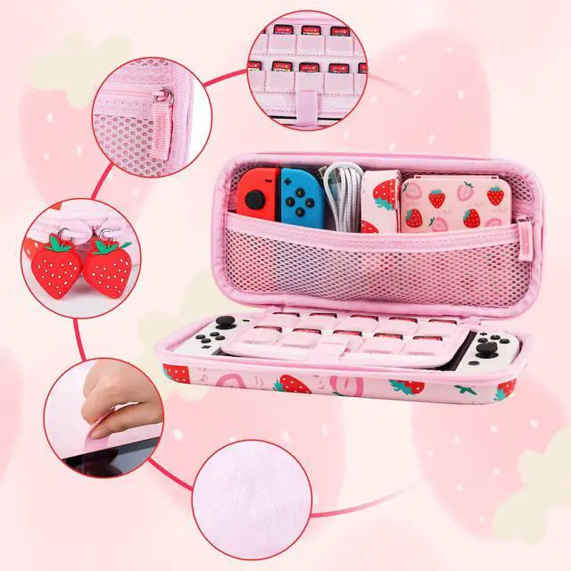Alt view image 2 of 7 - Pink Strawberry Carrying Case for Nintendo Switch & OLED Modle, Portable Switch Travel Protector with Cute Game Card Case, Shoulder Strap & 2 Thumb Caps, Switch Accessories Bundle for Girls