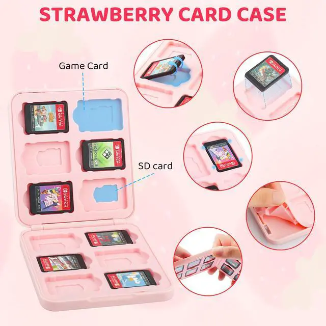 Alt view image 3 of 7 - Pink Strawberry Carrying Case for Nintendo Switch & OLED Modle, Portable Switch Travel Protector with Cute Game Card Case, Shoulder Strap & 2 Thumb Caps, Switch Accessories Bundle for Girls