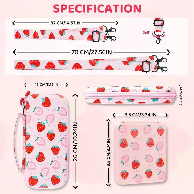 Alt view image 5 of 7 - Pink Strawberry Carrying Case for Nintendo Switch & OLED Modle, Portable Switch Travel Protector with Cute Game Card Case, Shoulder Strap & 2 Thumb Caps, Switch Accessories Bundle for Girls