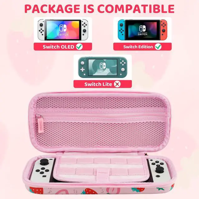 Alt view image 4 of 7 - Pink Strawberry Carrying Case for Nintendo Switch & OLED Modle, Portable Switch Travel Protector with Cute Game Card Case, Shoulder Strap & 2 Thumb Caps, Switch Accessories Bundle for Girls