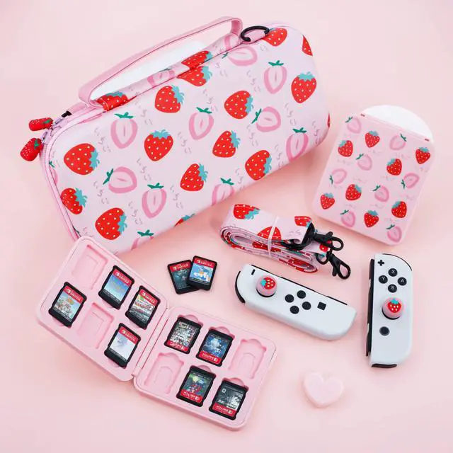Alt view image 6 of 7 - Pink Strawberry Carrying Case for Nintendo Switch & OLED Modle, Portable Switch Travel Protector with Cute Game Card Case, Shoulder Strap & 2 Thumb Caps, Switch Accessories Bundle for Girls