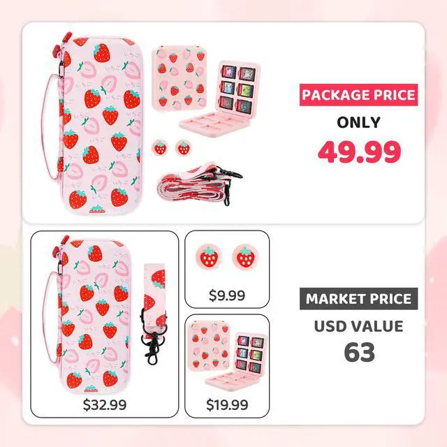 Alt view image 7 of 7 - Pink Strawberry Carrying Case for Nintendo Switch & OLED Modle, Portable Switch Travel Protector with Cute Game Card Case, Shoulder Strap & 2 Thumb Caps, Switch Accessories Bundle for Girls