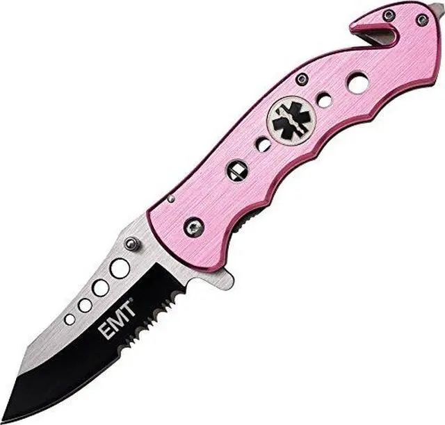 Alt view image 3 of 3 - Folding Pocket Knife Black/Satin Partially Serrated Blade, Pink Aluminum Handle with EMT Logo, Rope Cutter, Glass Punch, Pocket Clip, Tactical, EDC, Rescue - TF-498PEM