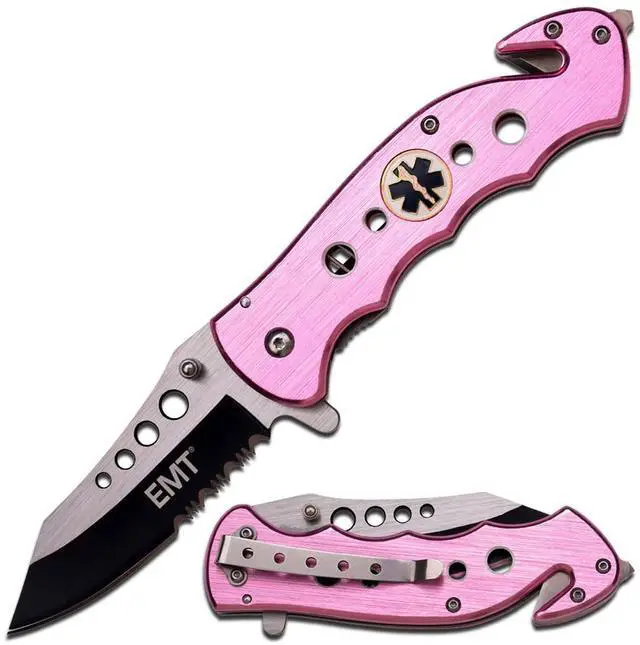 Main image of Folding Pocket Knife Black/Satin Partially Serrated Blade, Pink Aluminum Handle with EMT Logo, Rope Cutter, Glass Punch, Pocket Clip, Tactical, EDC, Rescue - TF-498PEM