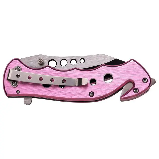 Alt view image 2 of 3 - Folding Pocket Knife Black/Satin Partially Serrated Blade, Pink Aluminum Handle with EMT Logo, Rope Cutter, Glass Punch, Pocket Clip, Tactical, EDC, Rescue - TF-498PEM