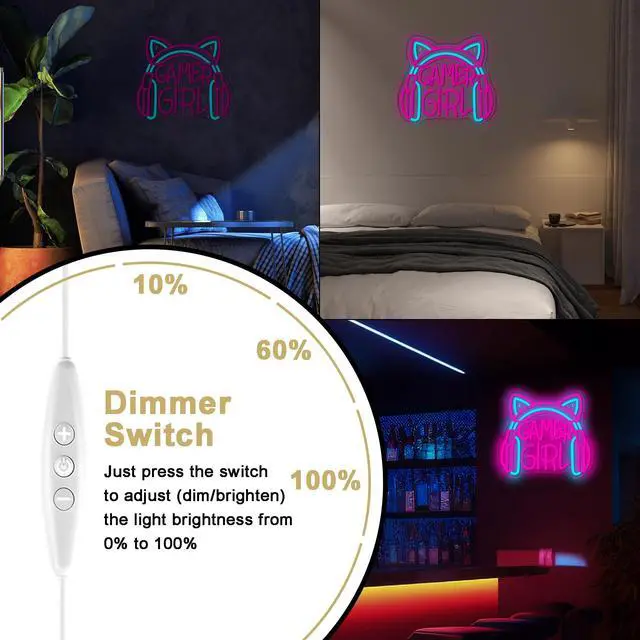 Alt view image 6 of 7 - Gamer Girl Cat Headphones Neon Sign, Game Room Neon Sign USB Powered Game Headphone Sign LED Dimmable, for Gaming Room Bedrooms and Cat Ear Girl Man Caves Decor(13.3 * 12.2 In)