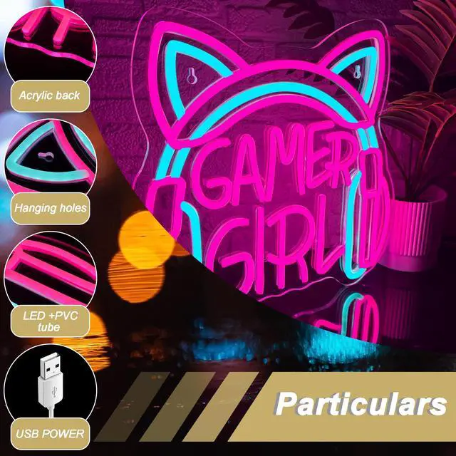 Alt view image 4 of 7 - Gamer Girl Cat Headphones Neon Sign, Game Room Neon Sign USB Powered Game Headphone Sign LED Dimmable, for Gaming Room Bedrooms and Cat Ear Girl Man Caves Decor(13.3 * 12.2 In)