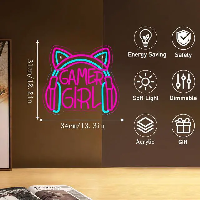 Alt view image 7 of 7 - Gamer Girl Cat Headphones Neon Sign, Game Room Neon Sign USB Powered Game Headphone Sign LED Dimmable, for Gaming Room Bedrooms and Cat Ear Girl Man Caves Decor(13.3 * 12.2 In)