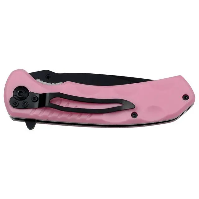 Alt view image 2 of 2 - Spring Assisted Folding Knife Black Stainless Steel Blade, Pink Nylon Fiber Handle with Pocket Clip, Tactical, EDC, Self Defense- MU-A002PK