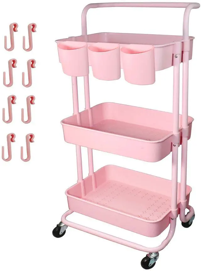 Main image of 3 Tier Utility Rolling Cart Multifunction Organizer Shelf Storage Cart with 3 Pieces Cups and 8 Pieces Hooks for Home Kitchen Bathroom Laundry Room Office Store etc. (Pink)