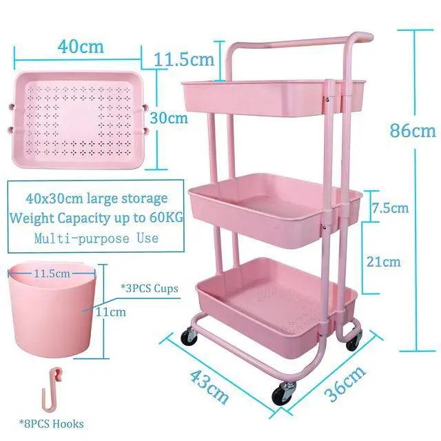 Alt view image 2 of 7 - 3 Tier Utility Rolling Cart Multifunction Organizer Shelf Storage Cart with 3 Pieces Cups and 8 Pieces Hooks for Home Kitchen Bathroom Laundry Room Office Store etc. (Pink)