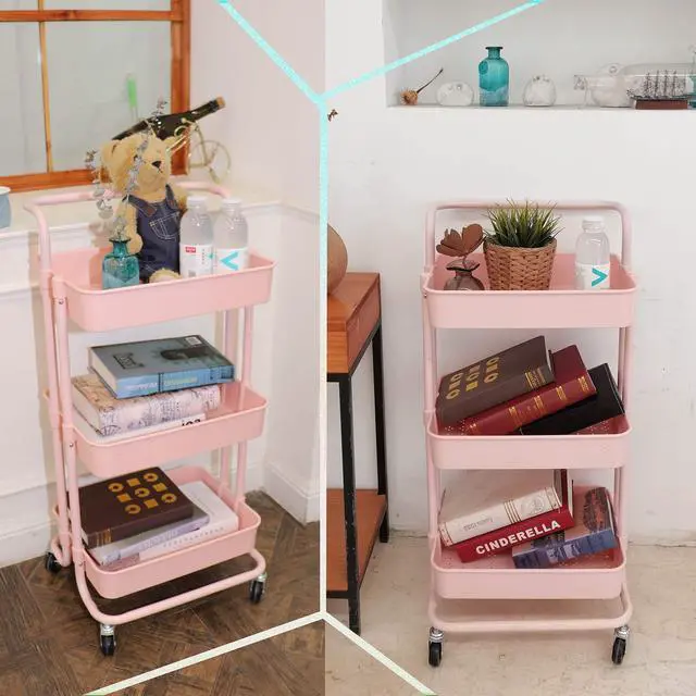 Alt view image 4 of 7 - 3 Tier Utility Rolling Cart Multifunction Organizer Shelf Storage Cart with 3 Pieces Cups and 8 Pieces Hooks for Home Kitchen Bathroom Laundry Room Office Store etc. (Pink)