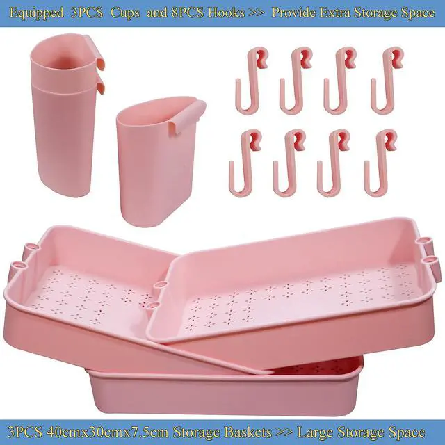 Alt view image 3 of 7 - 3 Tier Utility Rolling Cart Multifunction Organizer Shelf Storage Cart with 3 Pieces Cups and 8 Pieces Hooks for Home Kitchen Bathroom Laundry Room Office Store etc. (Pink)