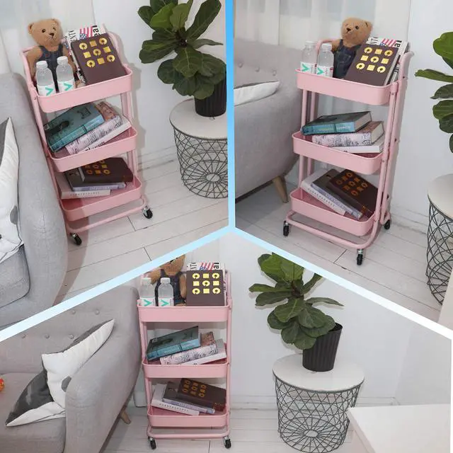 Alt view image 6 of 7 - 3 Tier Utility Rolling Cart Multifunction Organizer Shelf Storage Cart with 3 Pieces Cups and 8 Pieces Hooks for Home Kitchen Bathroom Laundry Room Office Store etc. (Pink)