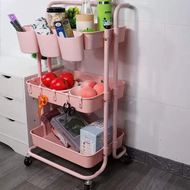 Alt view image 7 of 7 - 3 Tier Utility Rolling Cart Multifunction Organizer Shelf Storage Cart with 3 Pieces Cups and 8 Pieces Hooks for Home Kitchen Bathroom Laundry Room Office Store etc. (Pink)